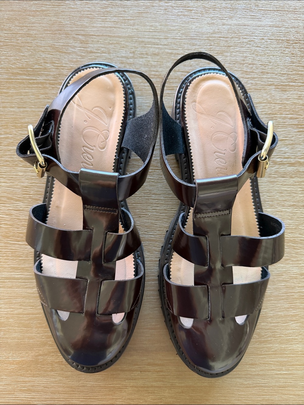 J. Crew Women's Dark Brown Patent Fisherman Sandals with Gold Buckle. Women’s 8 - Picture 2 of 11